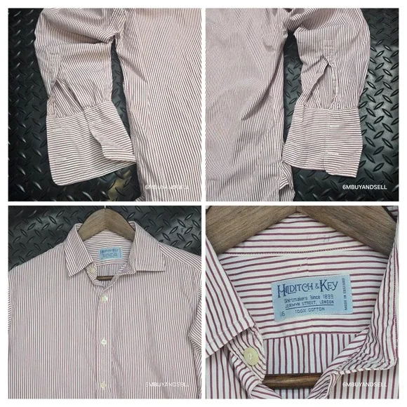 Hilditch & Key Mens Dress Shirt 16 Burgundy White Stripe French Cuff England - Picture 8 of 13